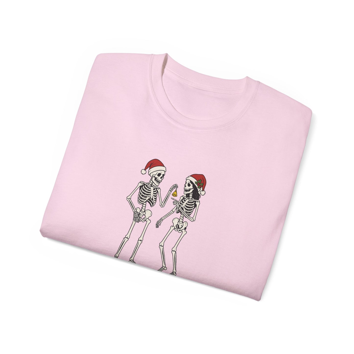 Humorous Skeleton Christmas Tee, Fun Holiday Shirt, Unisex Graphic T-Shirt, Gift for Halloween Lovers, Quirky Party Wear