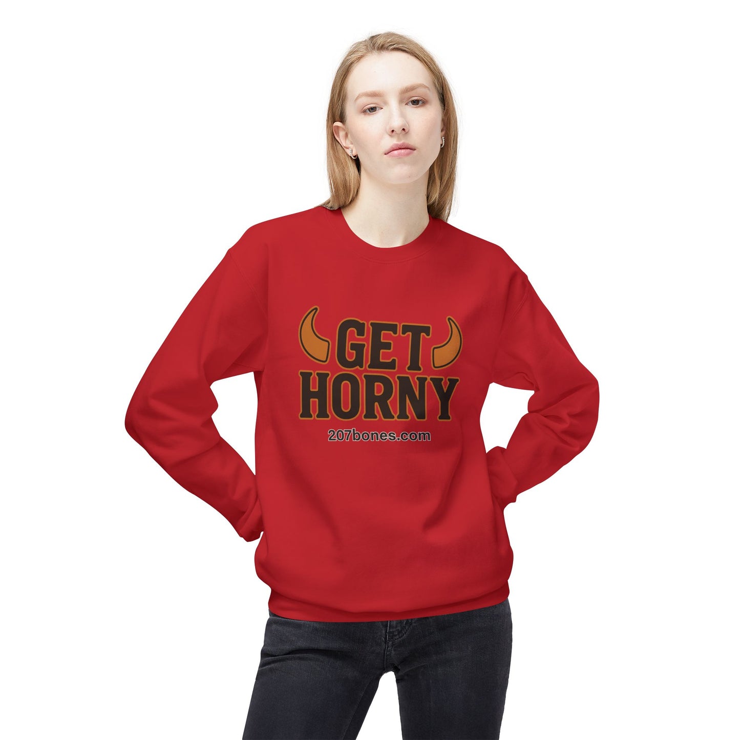 Unisex Get Horny Fleece Crewneck Sweatshirt, Funny Sweatshirt, Gift for Him, Casual Wear, Fall Fashion, Humorous Apparel