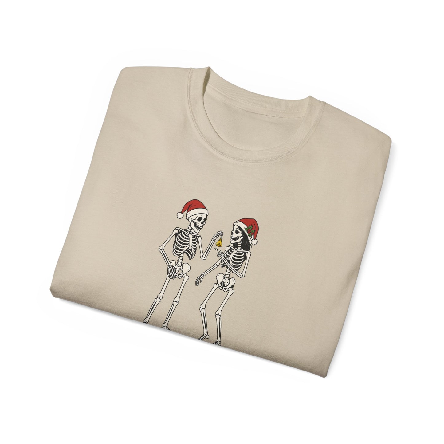 Humorous Skeleton Christmas Tee, Fun Holiday Shirt, Unisex Graphic T-Shirt, Gift for Halloween Lovers, Quirky Party Wear
