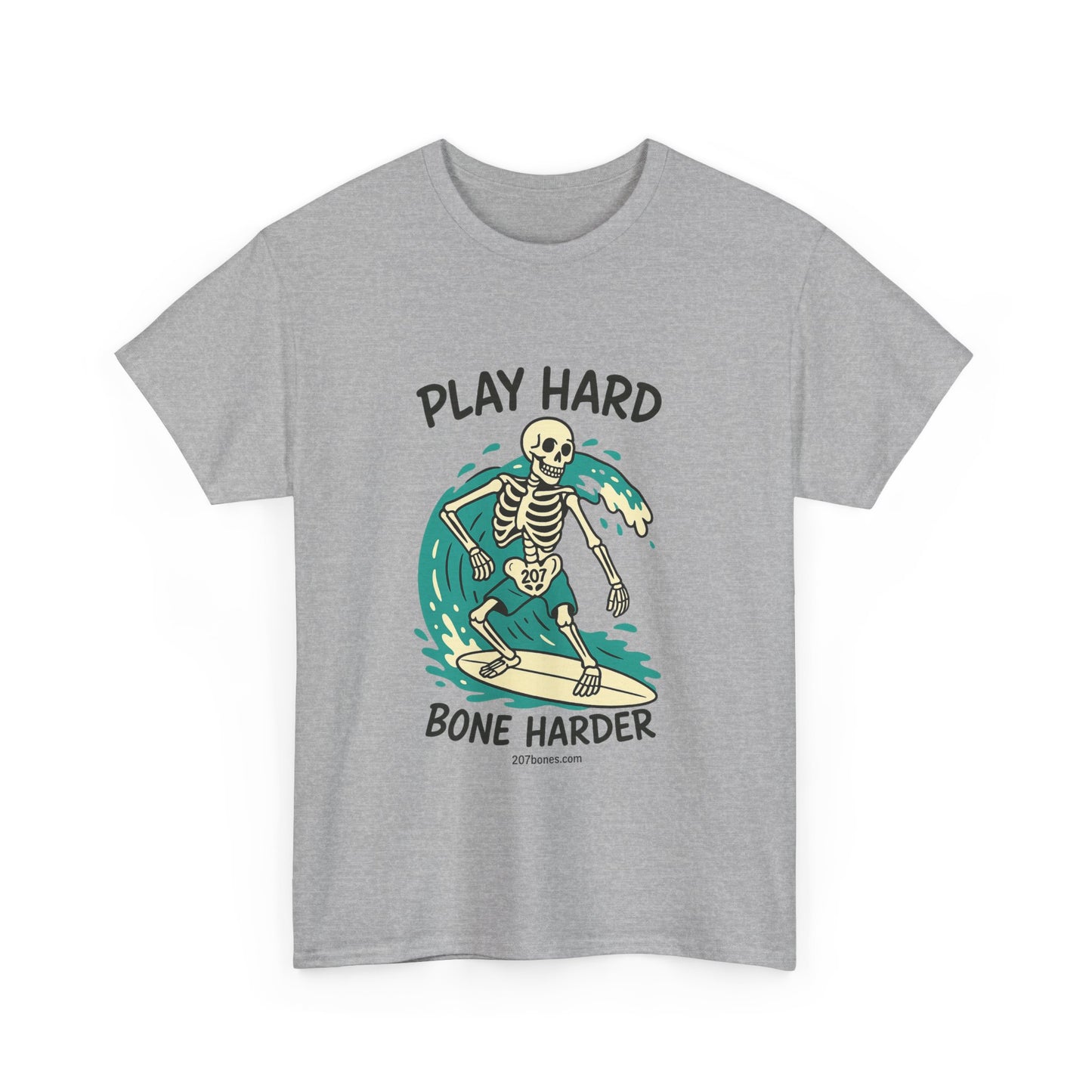 Play Hard Bone Harder Tee | Unisex Cotton T-Shirt, Fun Skeleton Graphic, Casual Wear, Perfect Gift for Halloween, Surf Lovers, Summer Vibe