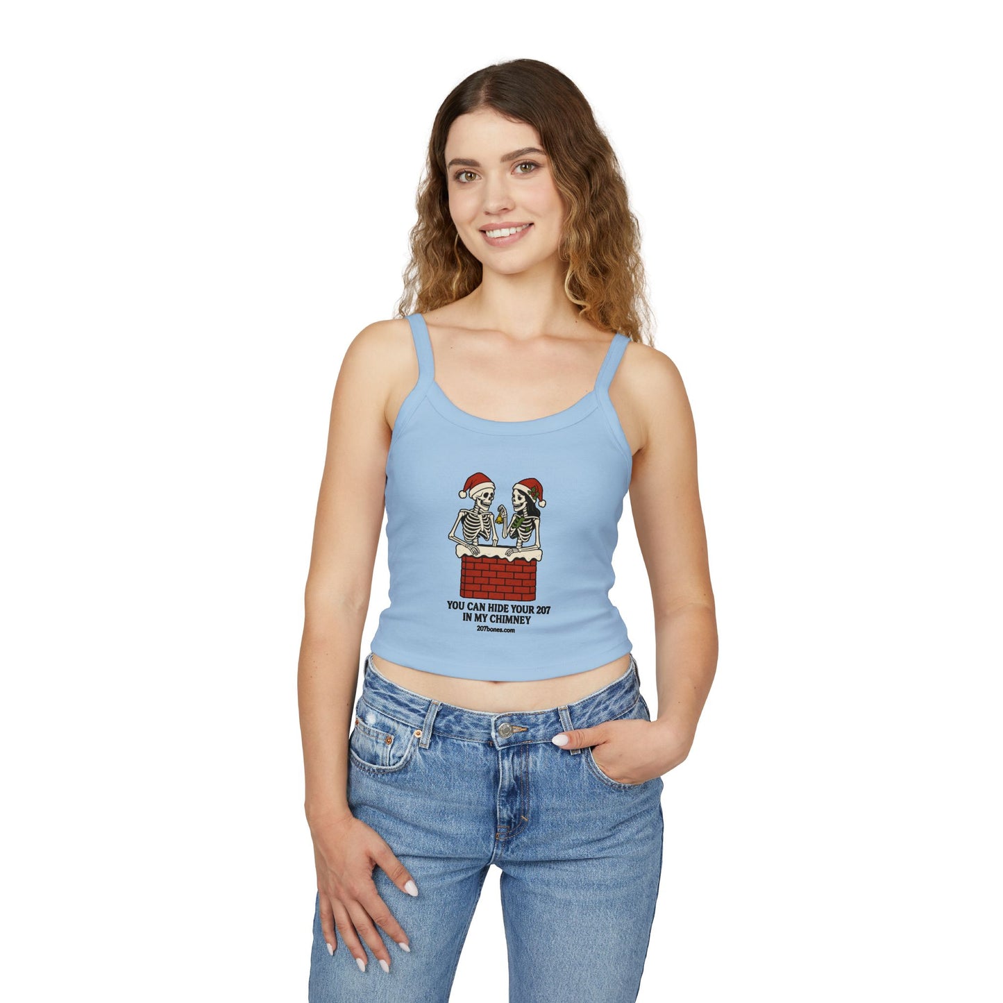Festive Skeletons Spaghetti Strap Tank Top - Holiday Humor, Summer Wear, Casual Style, Halloween, Christmas Party