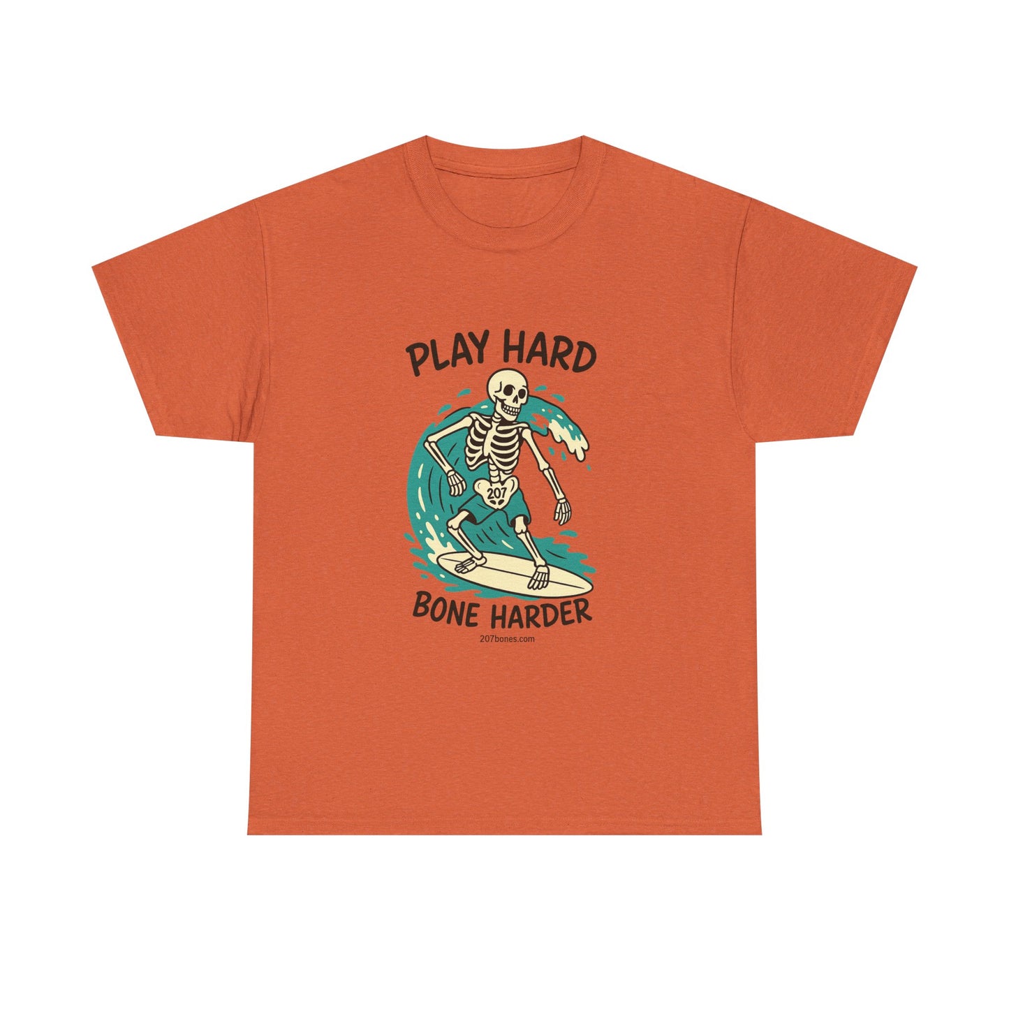 Play Hard Bone Harder Tee | Unisex Cotton T-Shirt, Fun Skeleton Graphic, Casual Wear, Perfect Gift for Halloween, Surf Lovers, Summer Vibe