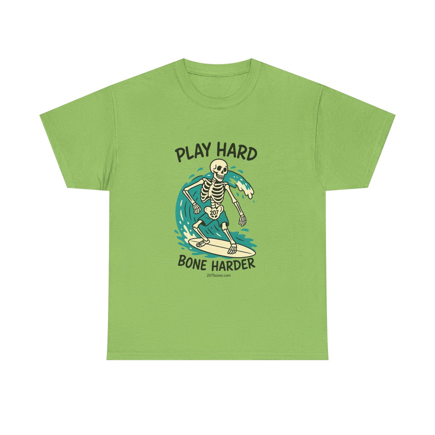 Play Hard Bone Harder Tee | Unisex Cotton T-Shirt, Fun Skeleton Graphic, Casual Wear, Perfect Gift for Halloween, Surf Lovers, Summer Vibe