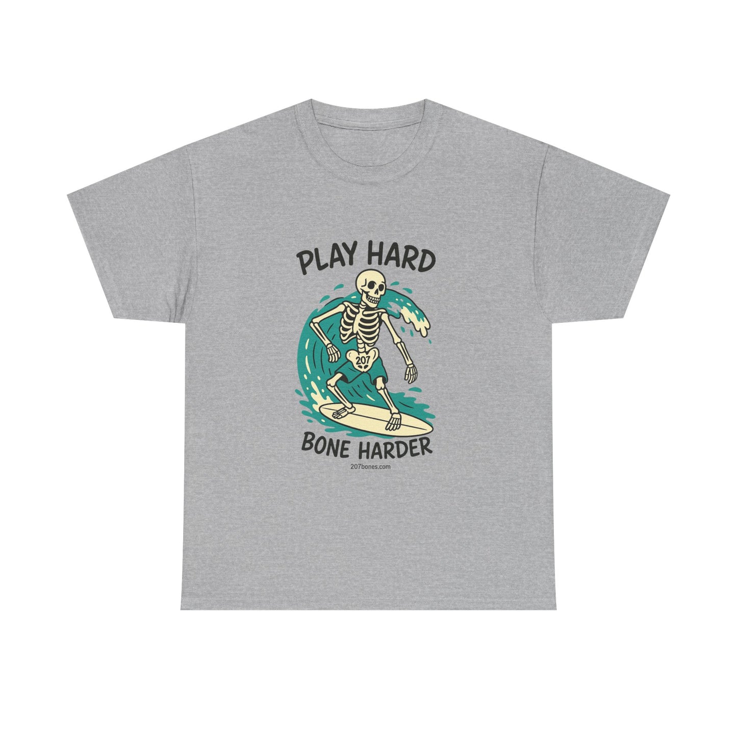 Play Hard Bone Harder Tee | Unisex Cotton T-Shirt, Fun Skeleton Graphic, Casual Wear, Perfect Gift for Halloween, Surf Lovers, Summer Vibe