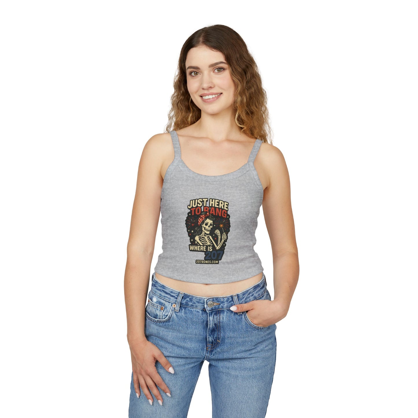 Skeleton Graphic Tank Top, Just Here to Hang Spaghetti Strap, Halloween Gift, Trendy Summer Top, Boho Style Apparel