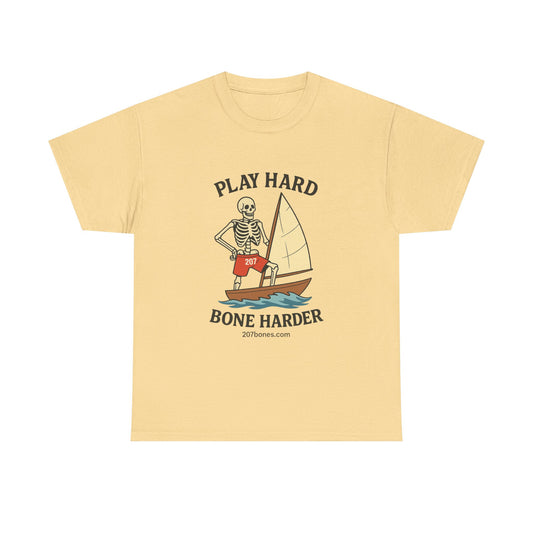 Play Hard Bone Harder Tee, Casual Summer Shirt, Skeleton Graphic T-Shirt, Fun Beachwear, Gift for Halloween, Unisex Cotton Tee