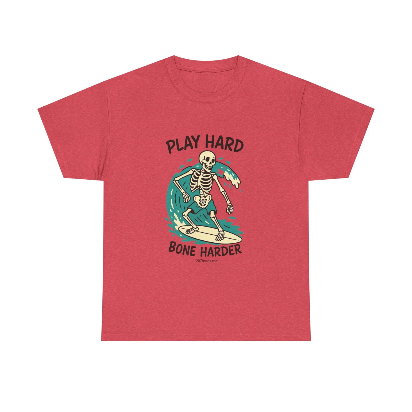 Play Hard Bone Harder Tee | Unisex Cotton T-Shirt, Fun Skeleton Graphic, Casual Wear, Perfect Gift for Halloween, Surf Lovers, Summer Vibe