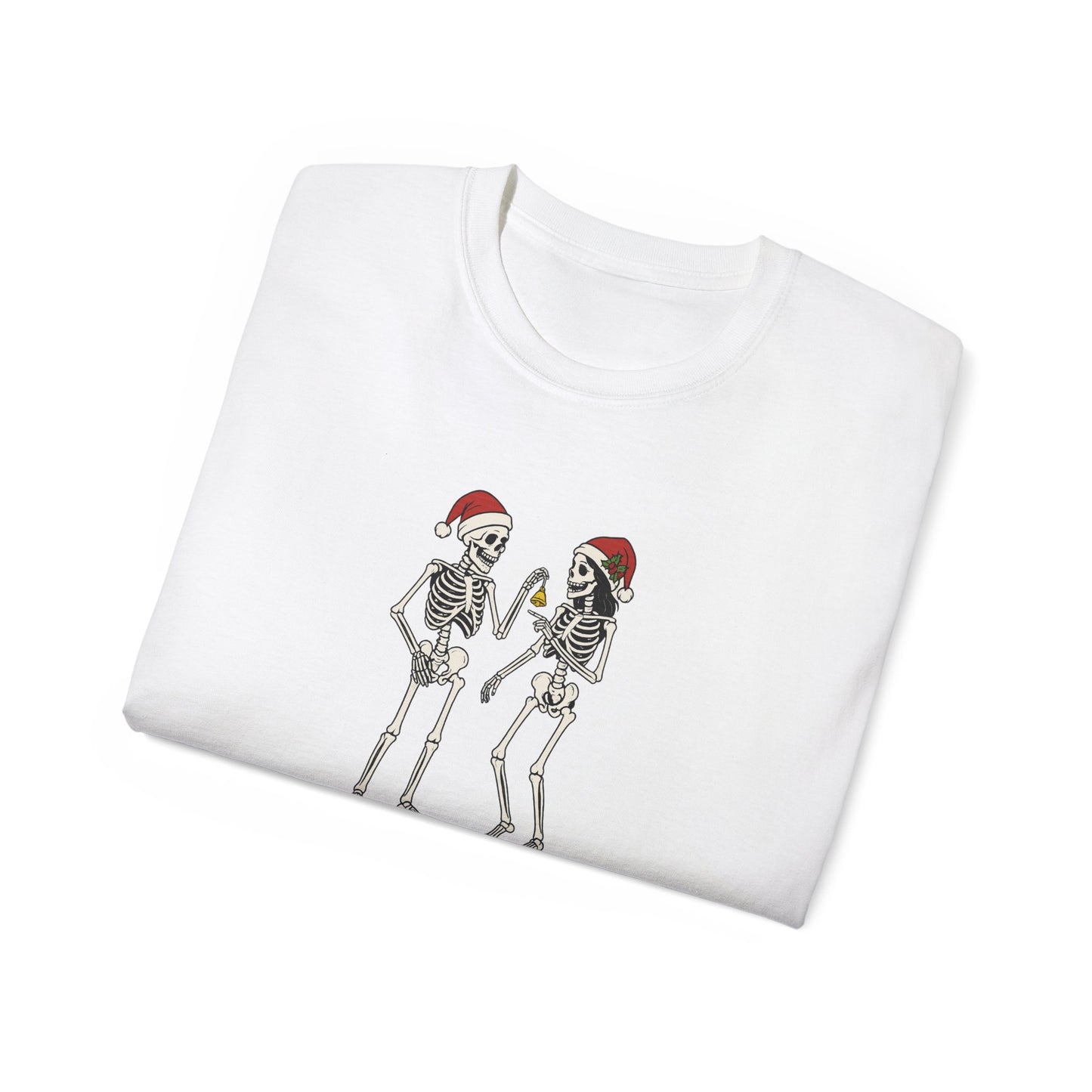 Humorous Skeleton Christmas Tee, Fun Holiday Shirt, Unisex Graphic T-Shirt, Gift for Halloween Lovers, Quirky Party Wear