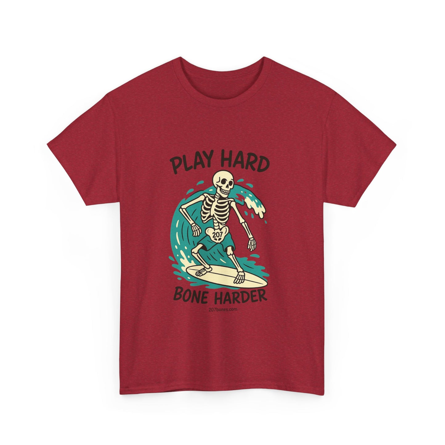 Play Hard Bone Harder Tee | Unisex Cotton T-Shirt, Fun Skeleton Graphic, Casual Wear, Perfect Gift for Halloween, Surf Lovers, Summer Vibe