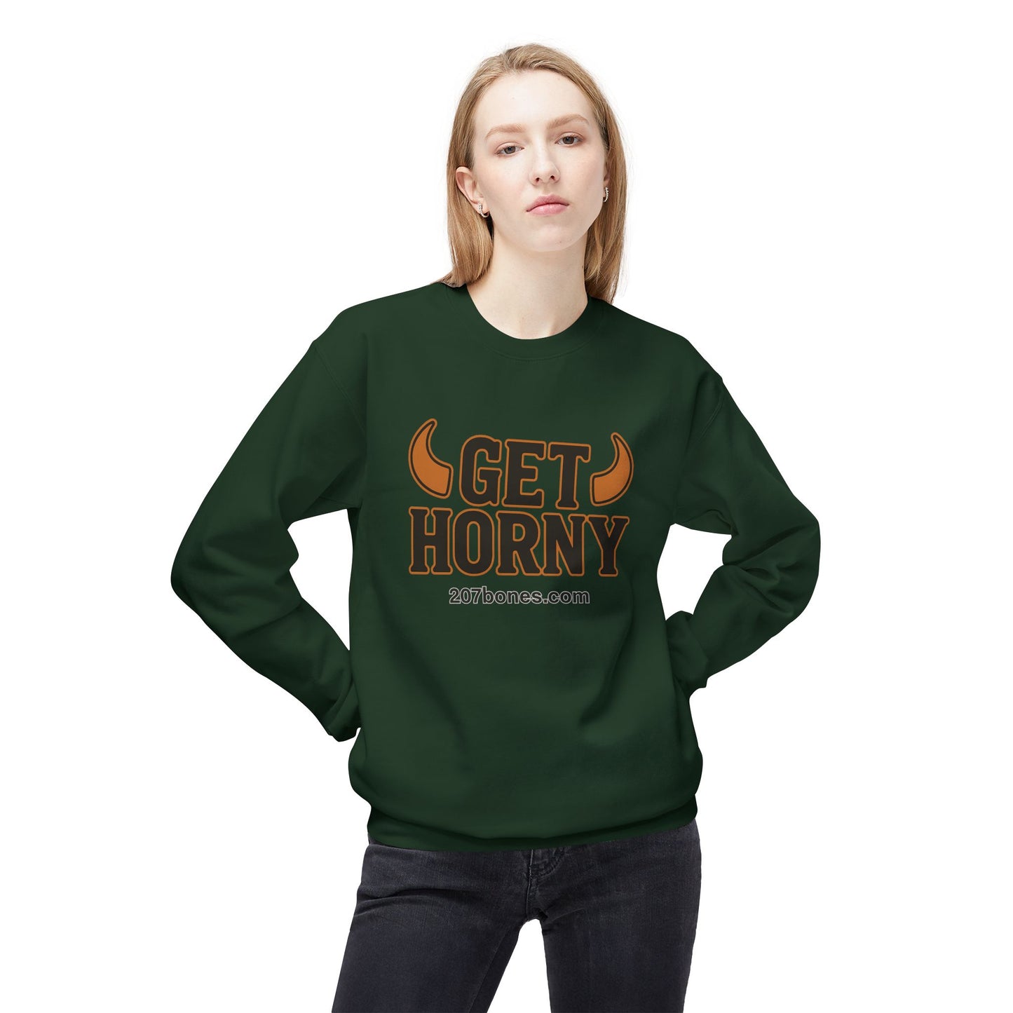 Unisex Get Horny Fleece Crewneck Sweatshirt, Funny Sweatshirt, Gift for Him, Casual Wear, Fall Fashion, Humorous Apparel