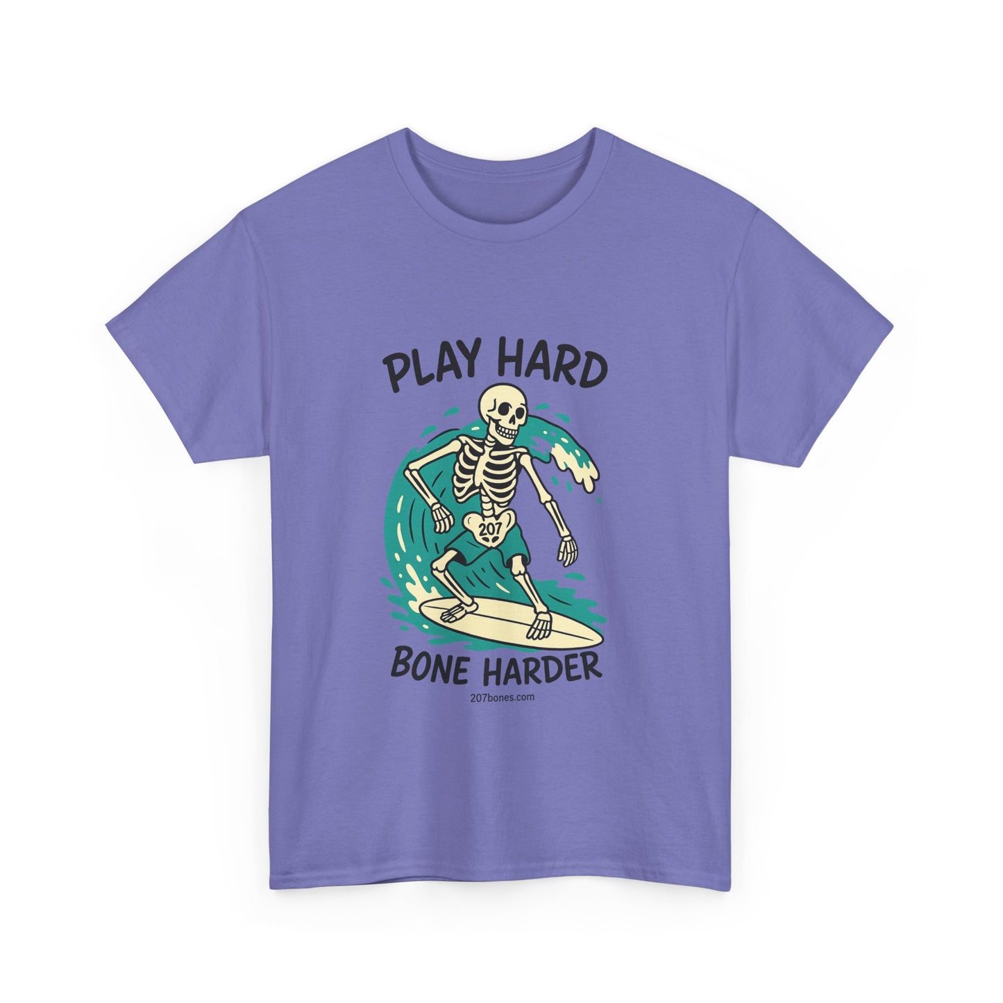 Play Hard Bone Harder Tee | Unisex Cotton T-Shirt, Fun Skeleton Graphic, Casual Wear, Perfect Gift for Halloween, Surf Lovers, Summer Vibe