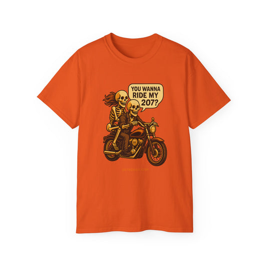 Skeletons Motorcycle Ride Unisex T-Shirt | Fun Graphic Tee for Bikers, Halloween, Casual Wear, Gift Idea