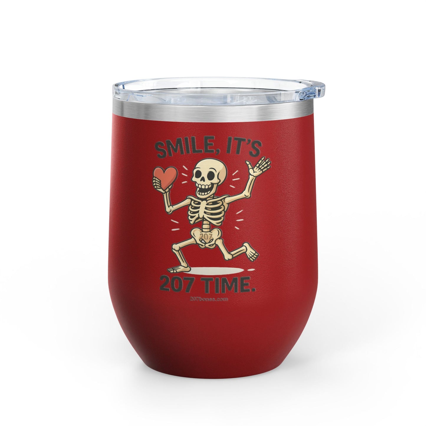 Quirky Wine Tumbler - Smile It's 207 Time, Fun Drinkware, Skeleton Mug, Party Accessory, Gift for Wine Lovers, Halloween Decor