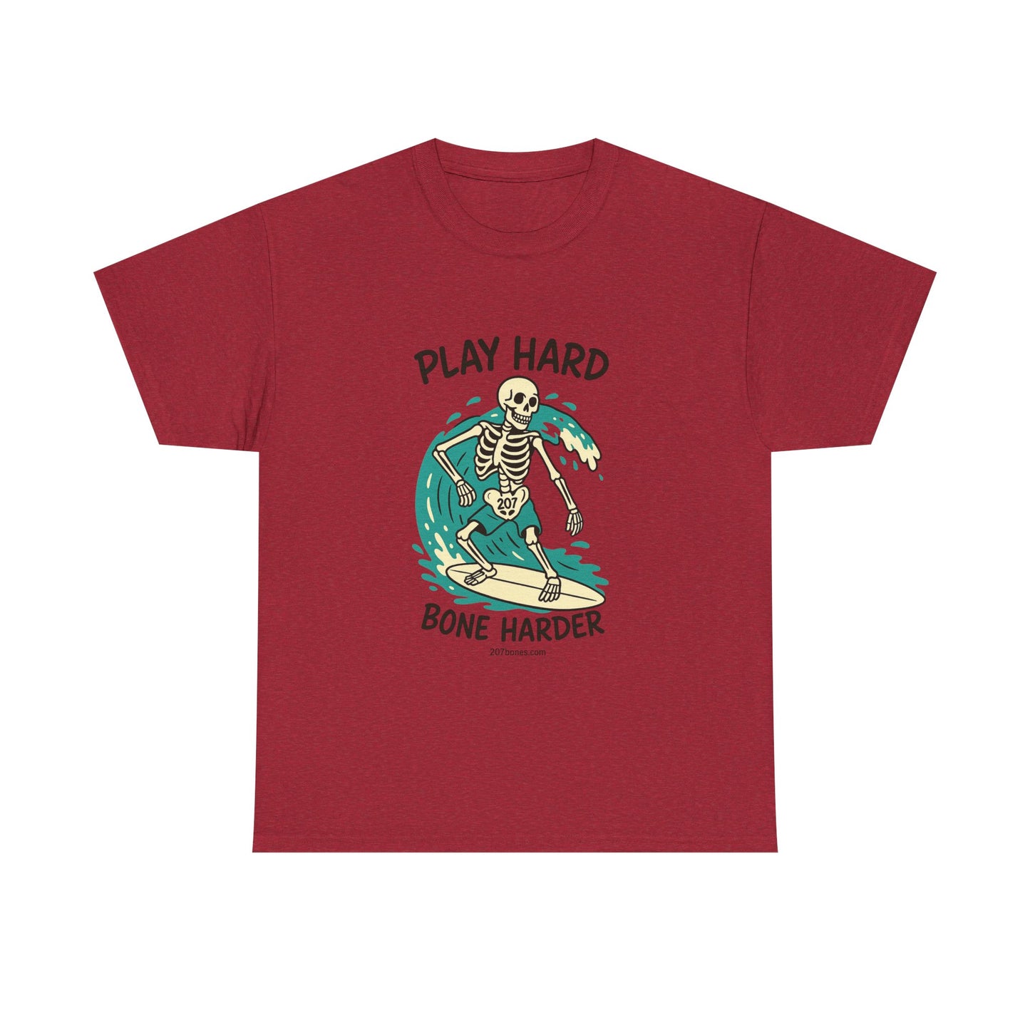 Play Hard Bone Harder Tee | Unisex Cotton T-Shirt, Fun Skeleton Graphic, Casual Wear, Perfect Gift for Halloween, Surf Lovers, Summer Vibe