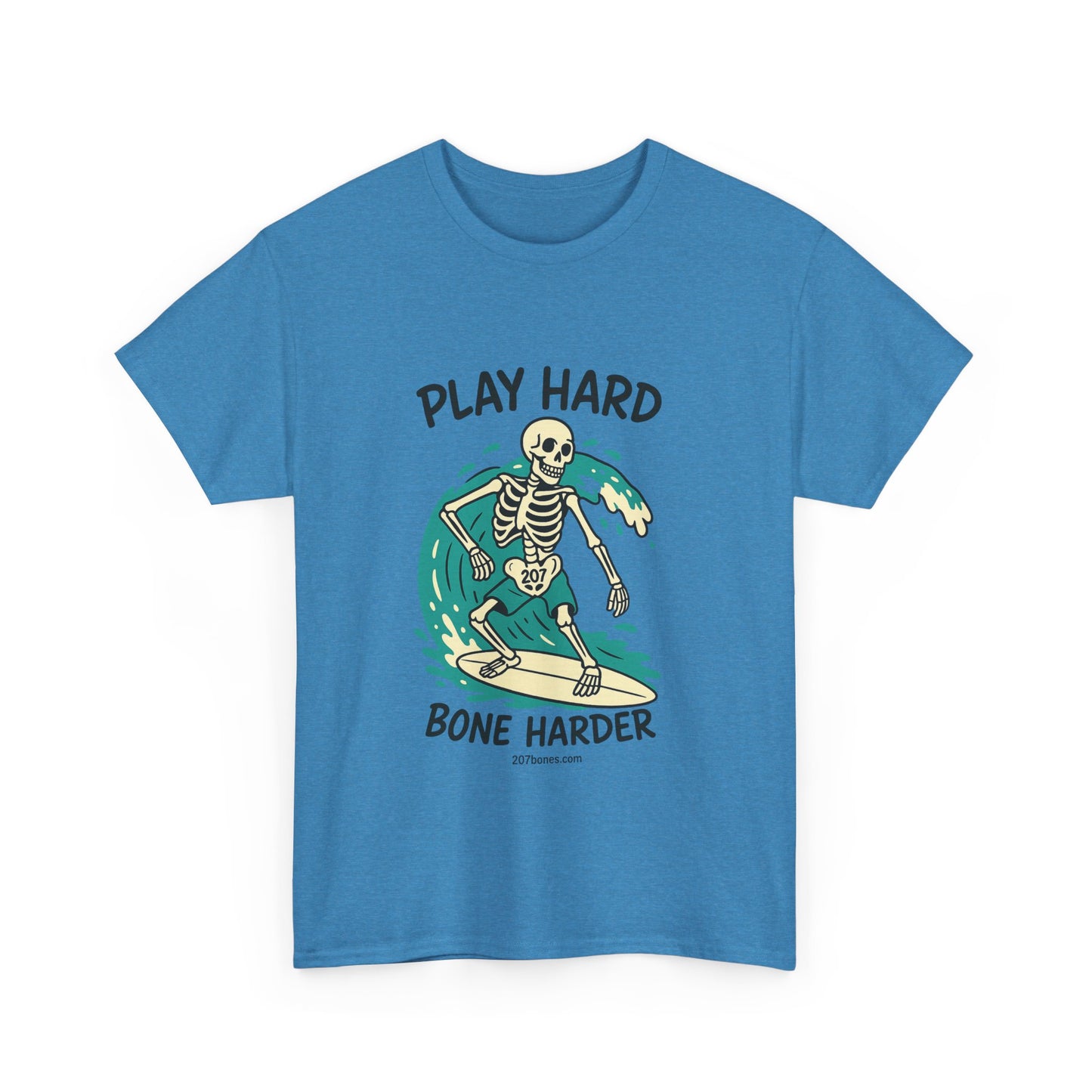 Play Hard Bone Harder Tee | Unisex Cotton T-Shirt, Fun Skeleton Graphic, Casual Wear, Perfect Gift for Halloween, Surf Lovers, Summer Vibe