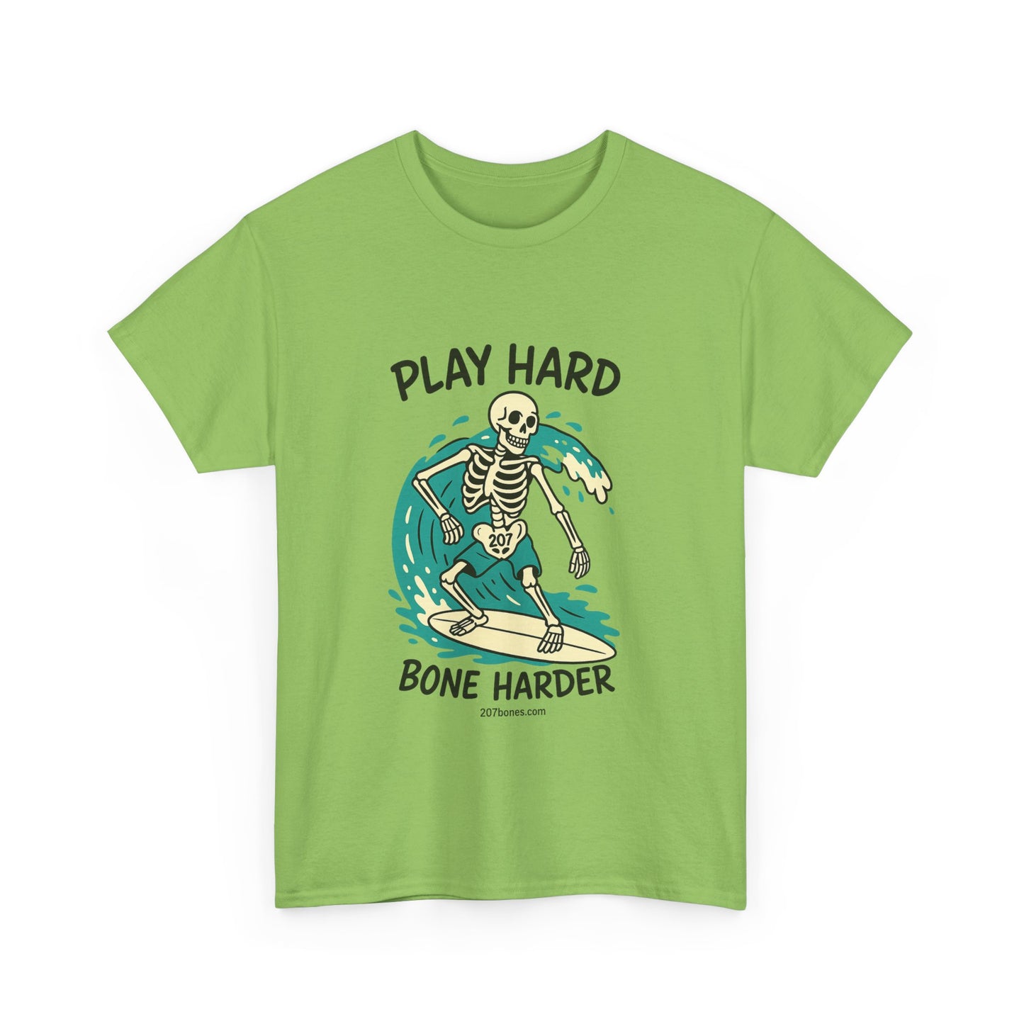 Play Hard Bone Harder Tee | Unisex Cotton T-Shirt, Fun Skeleton Graphic, Casual Wear, Perfect Gift for Halloween, Surf Lovers, Summer Vibe