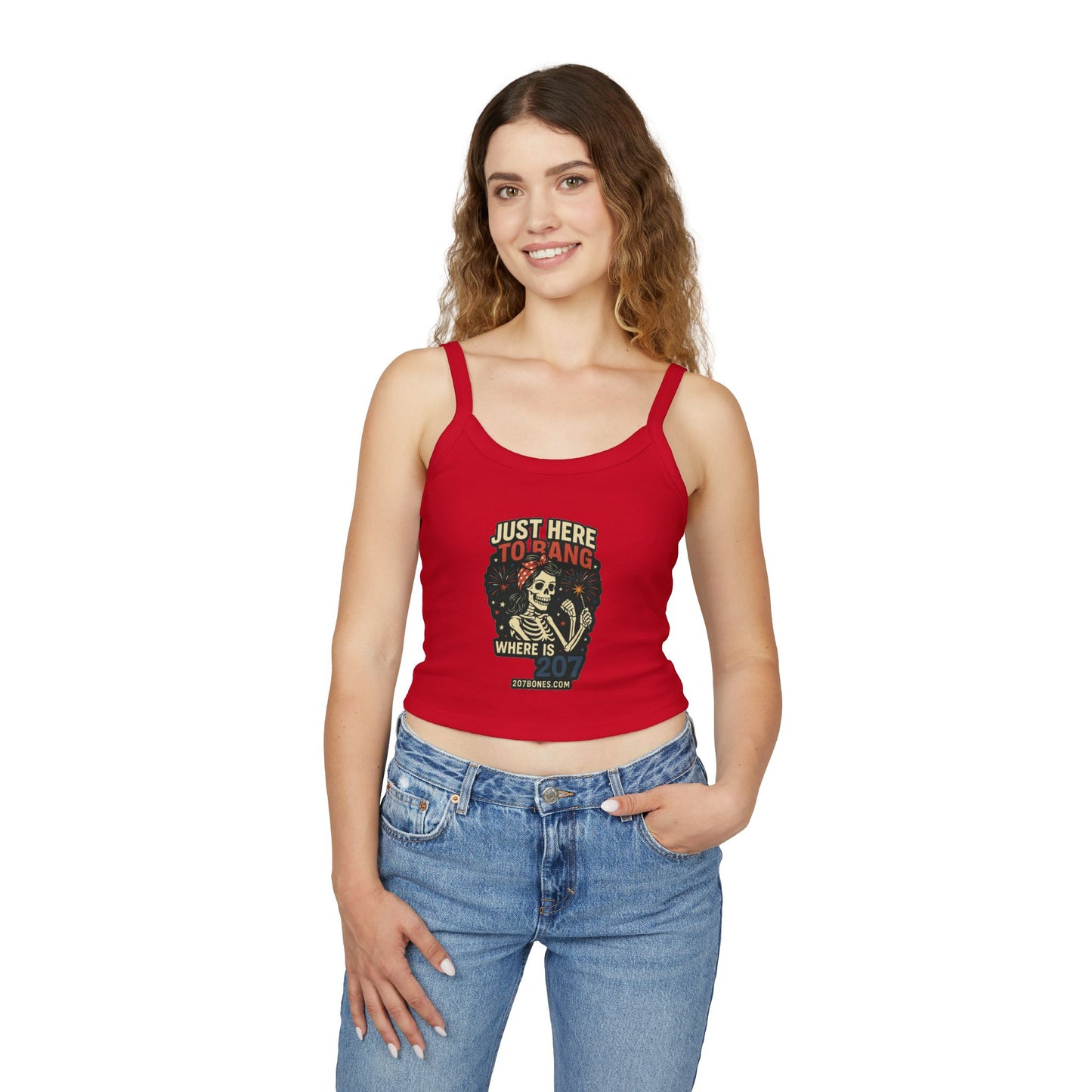 Skeleton Graphic Tank Top, Just Here to Hang Spaghetti Strap, Halloween Gift, Trendy Summer Top, Boho Style Apparel