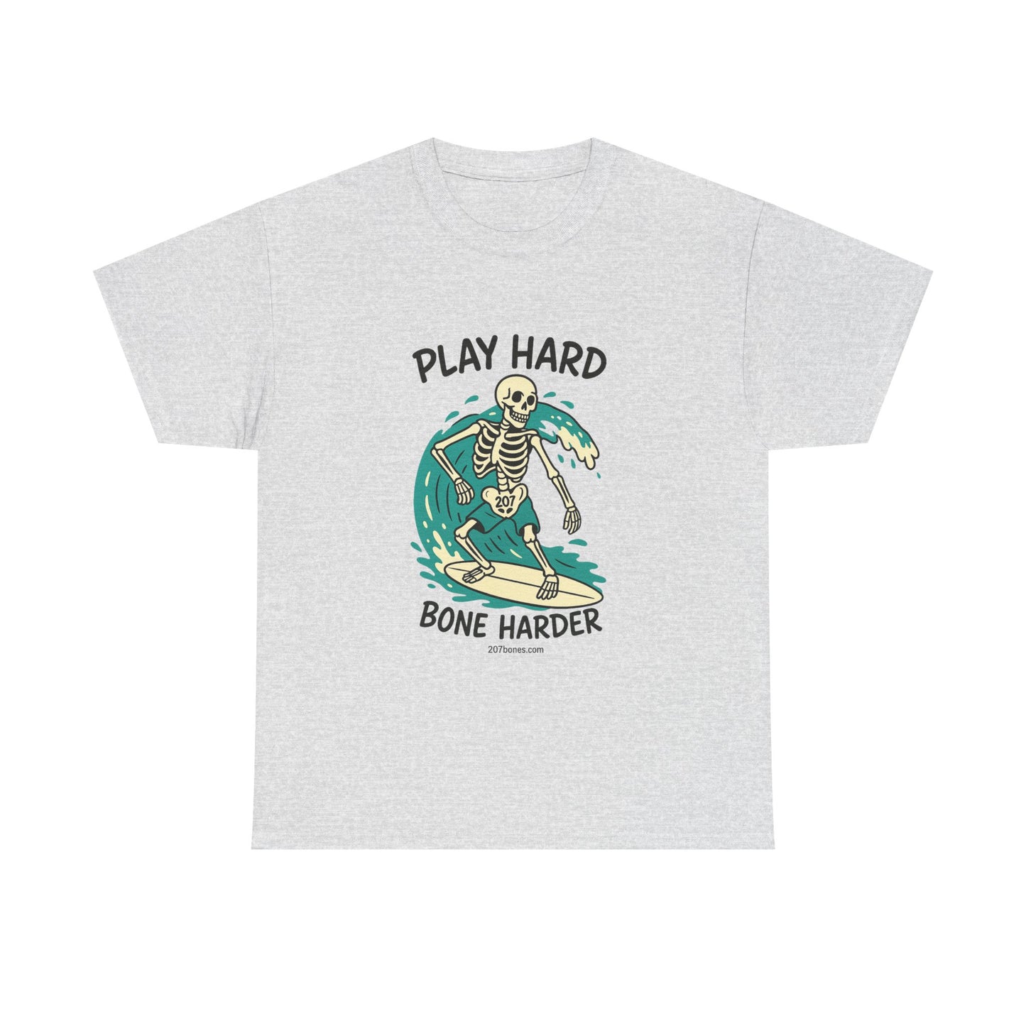 Play Hard Bone Harder Tee | Unisex Cotton T-Shirt, Fun Skeleton Graphic, Casual Wear, Perfect Gift for Halloween, Surf Lovers, Summer Vibe