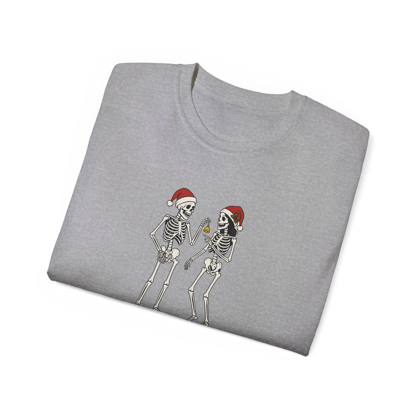 Humorous Skeleton Christmas Tee, Fun Holiday Shirt, Unisex Graphic T-Shirt, Gift for Halloween Lovers, Quirky Party Wear